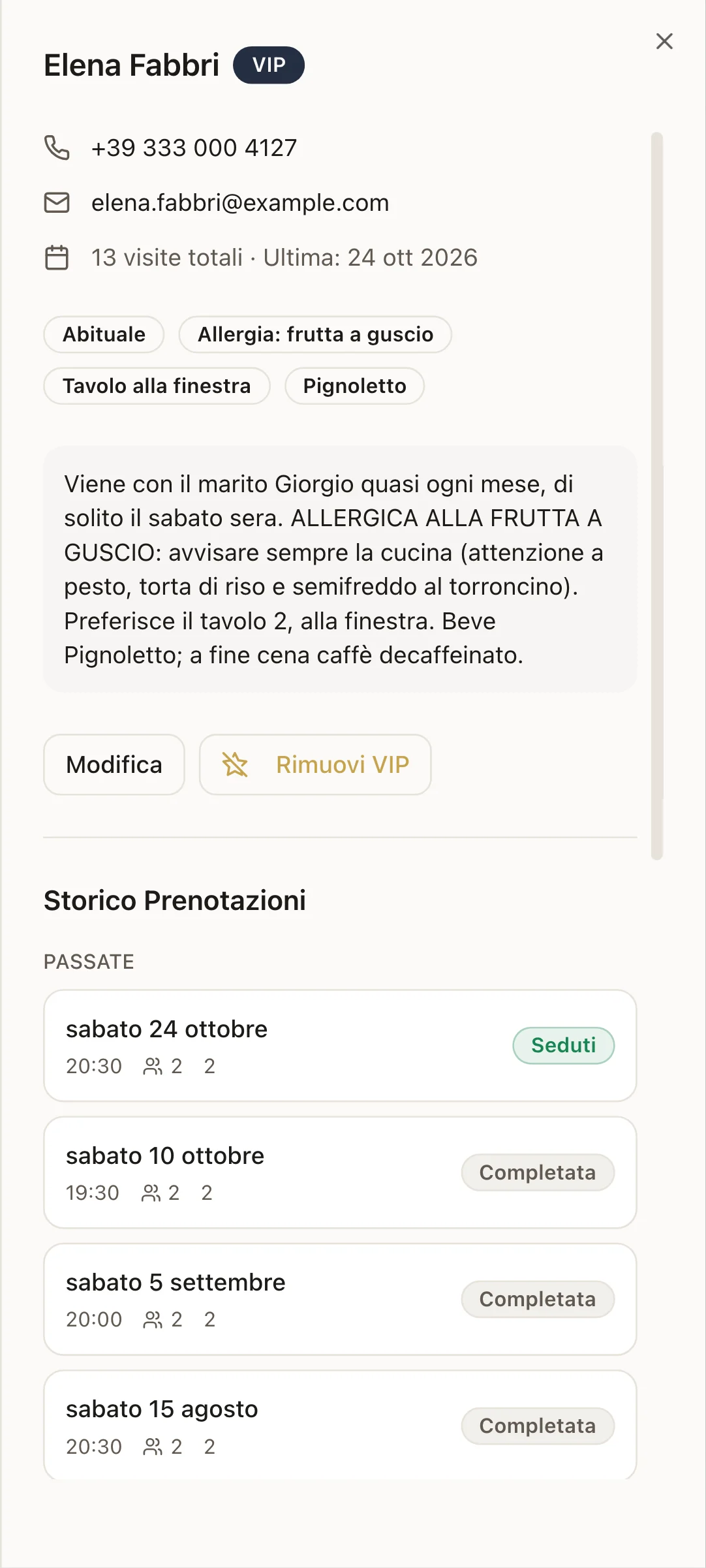 La scheda di un ospite abituale nel gestionale, dal telefono