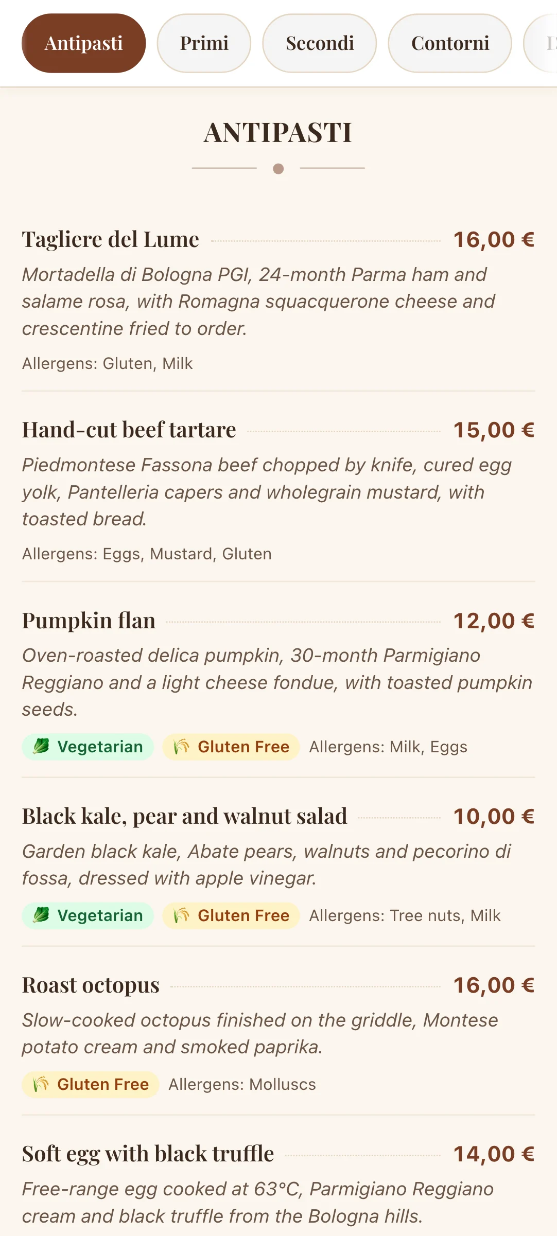 Il menù dell'Osteria del Lume in inglese, sul telefono di un ospite