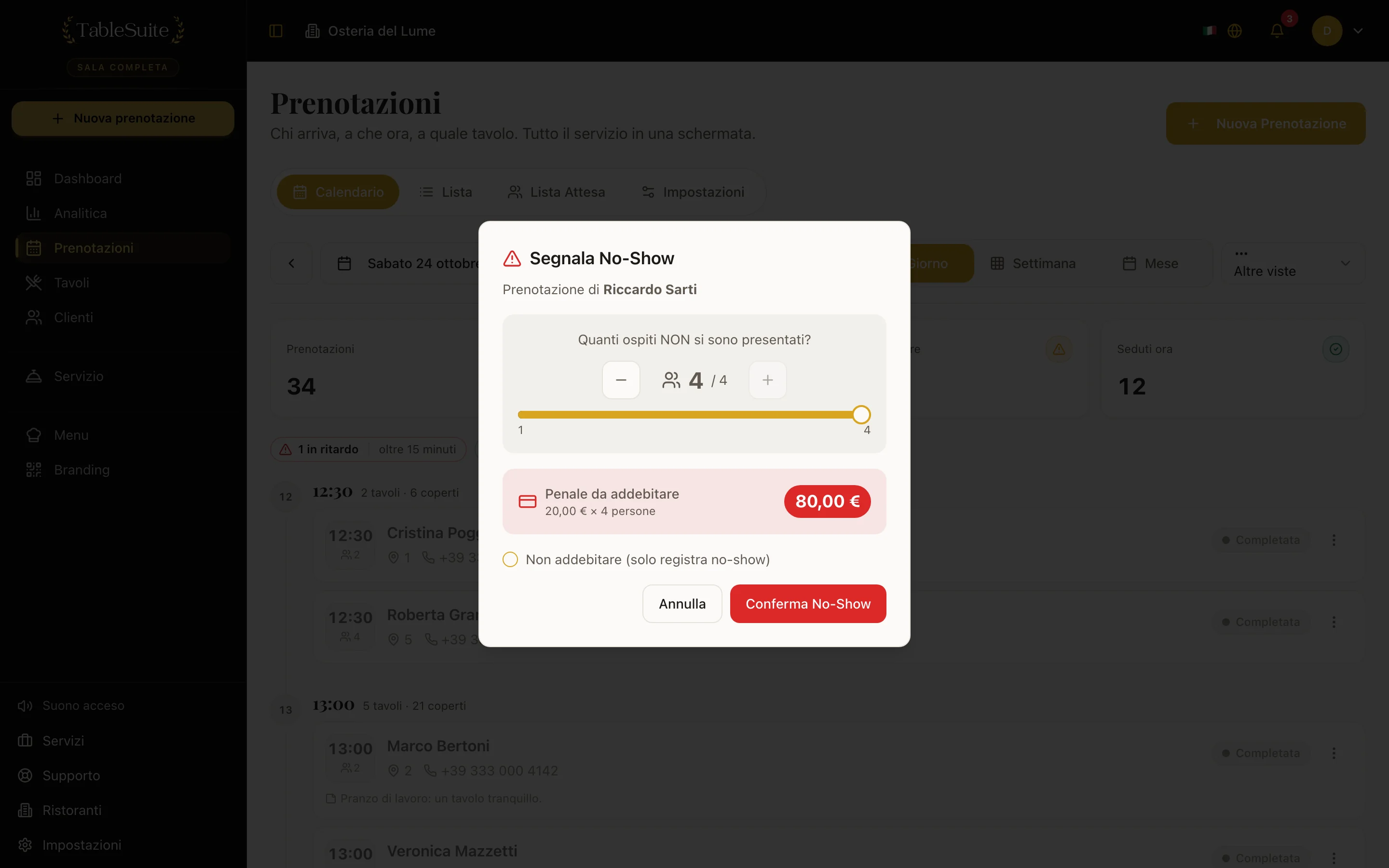 Una prenotazione aperta nel gestionale, con la carta a garanzia