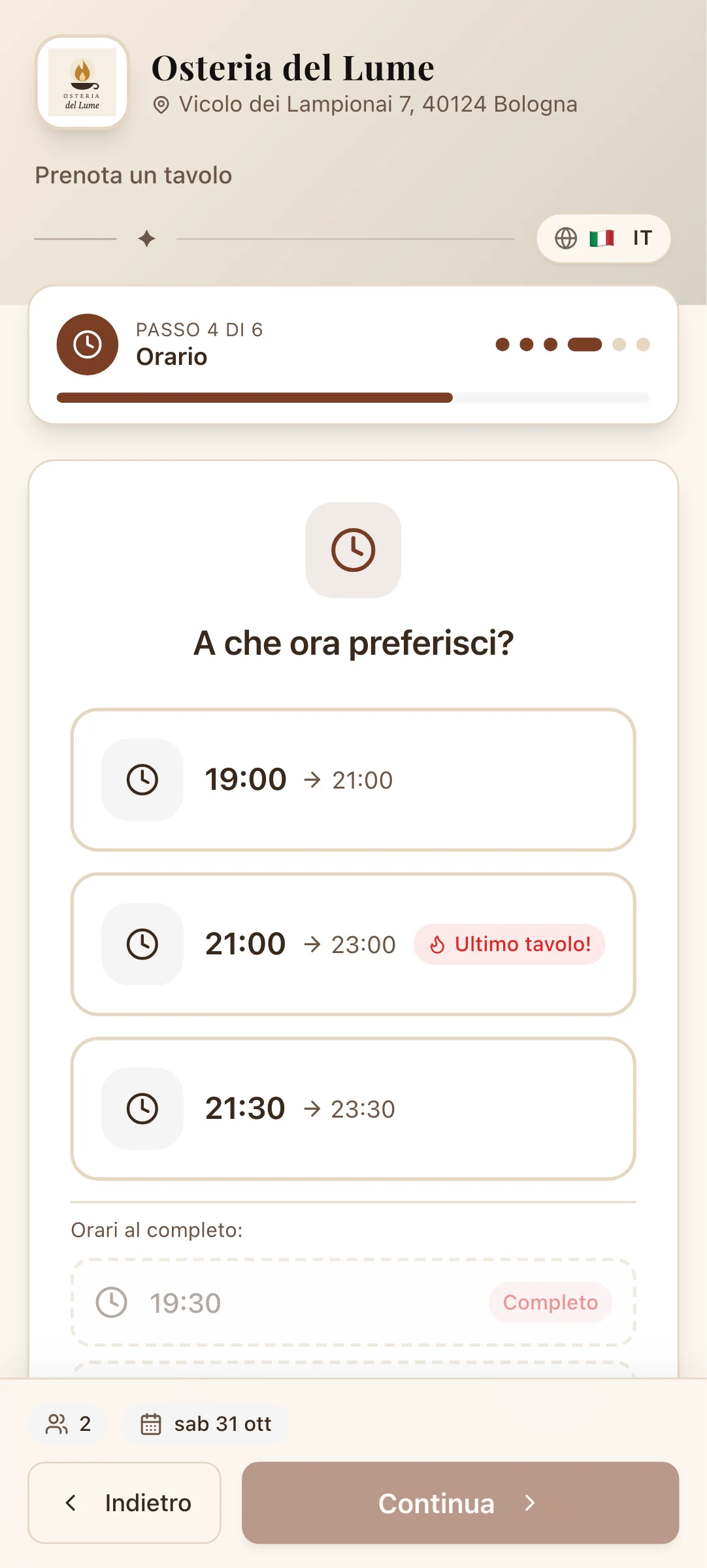 La pagina di prenotazione dell'Osteria del Lume vista dal telefono di un ospite: la scelta dell'orario