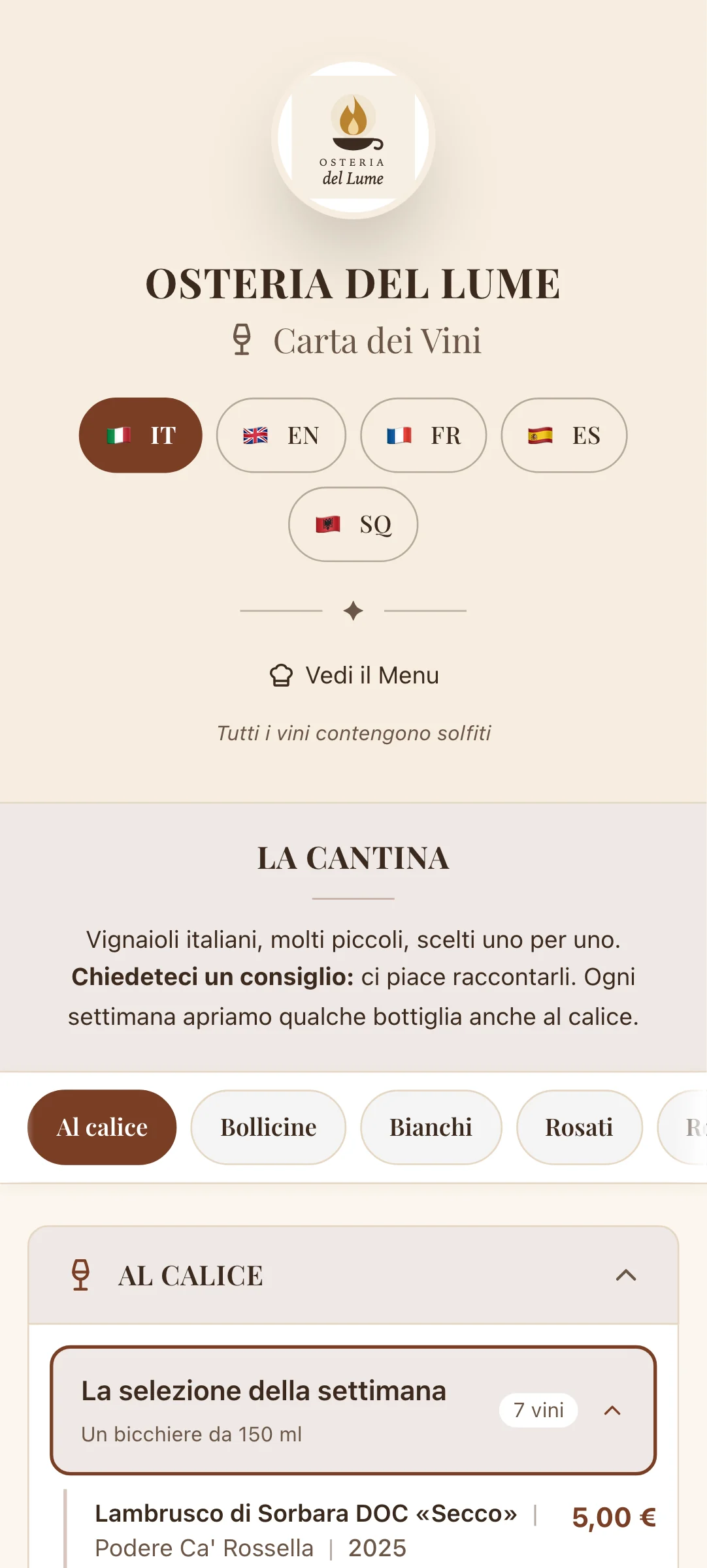 La carta dei vini dell'Osteria del Lume sul telefono di un ospite